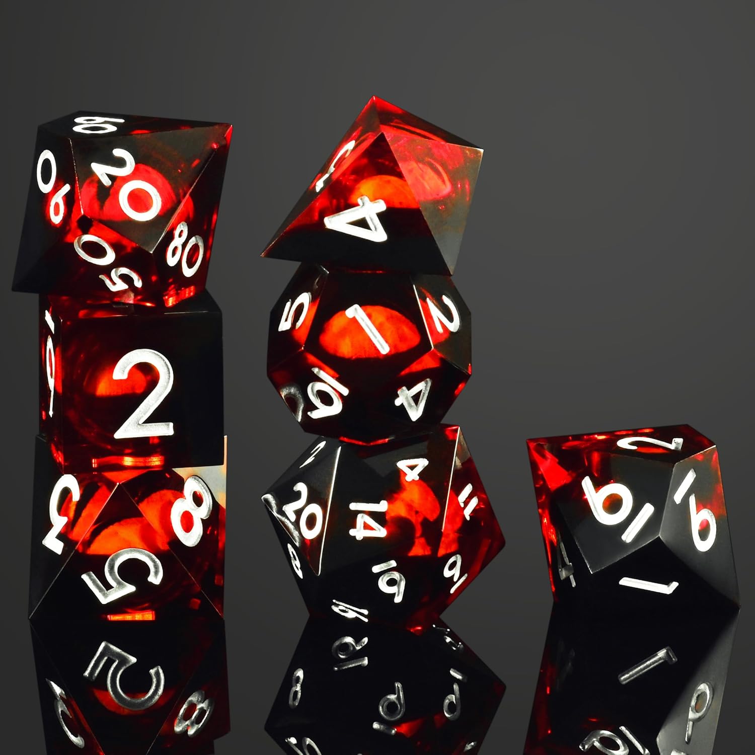 GiGiGuGu DND Dice Set – Dragon Eye Liquid Core Sharp Edge Resin Dice Set 7pcs with Metal Gift Box for Role Playing Games (Blood Obsidian – Red & Black)