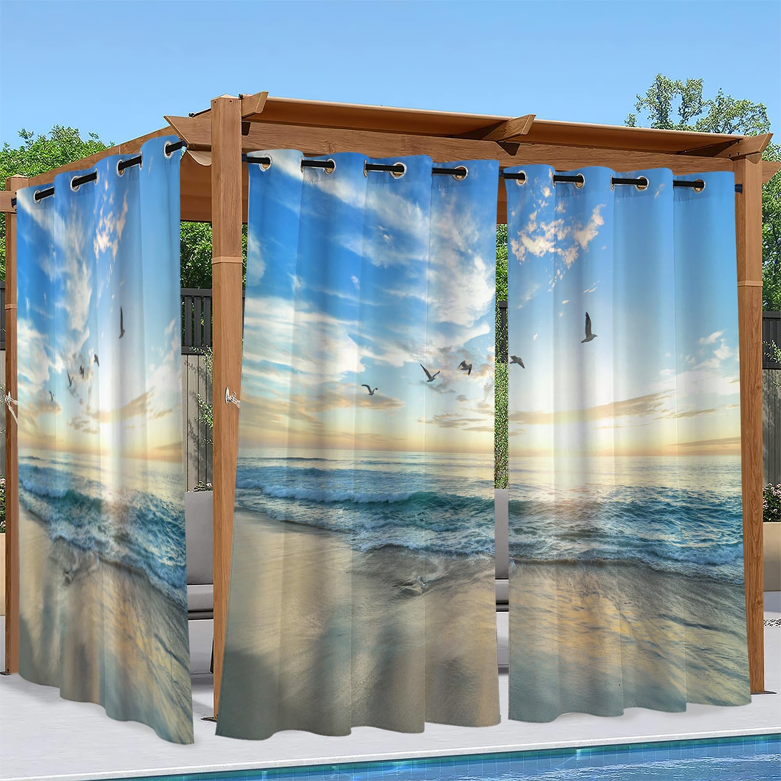 Outdoor Vorhang Wetterfest 2 Stück B132 x H213cm Atemberaubender Meerblick 3D Gedruckt Outdoor Vorhänge Wasserdicht mit Ösen, Outdoor Gardinen Sichtschutz für Balkon Terrasse Veranda Pergola