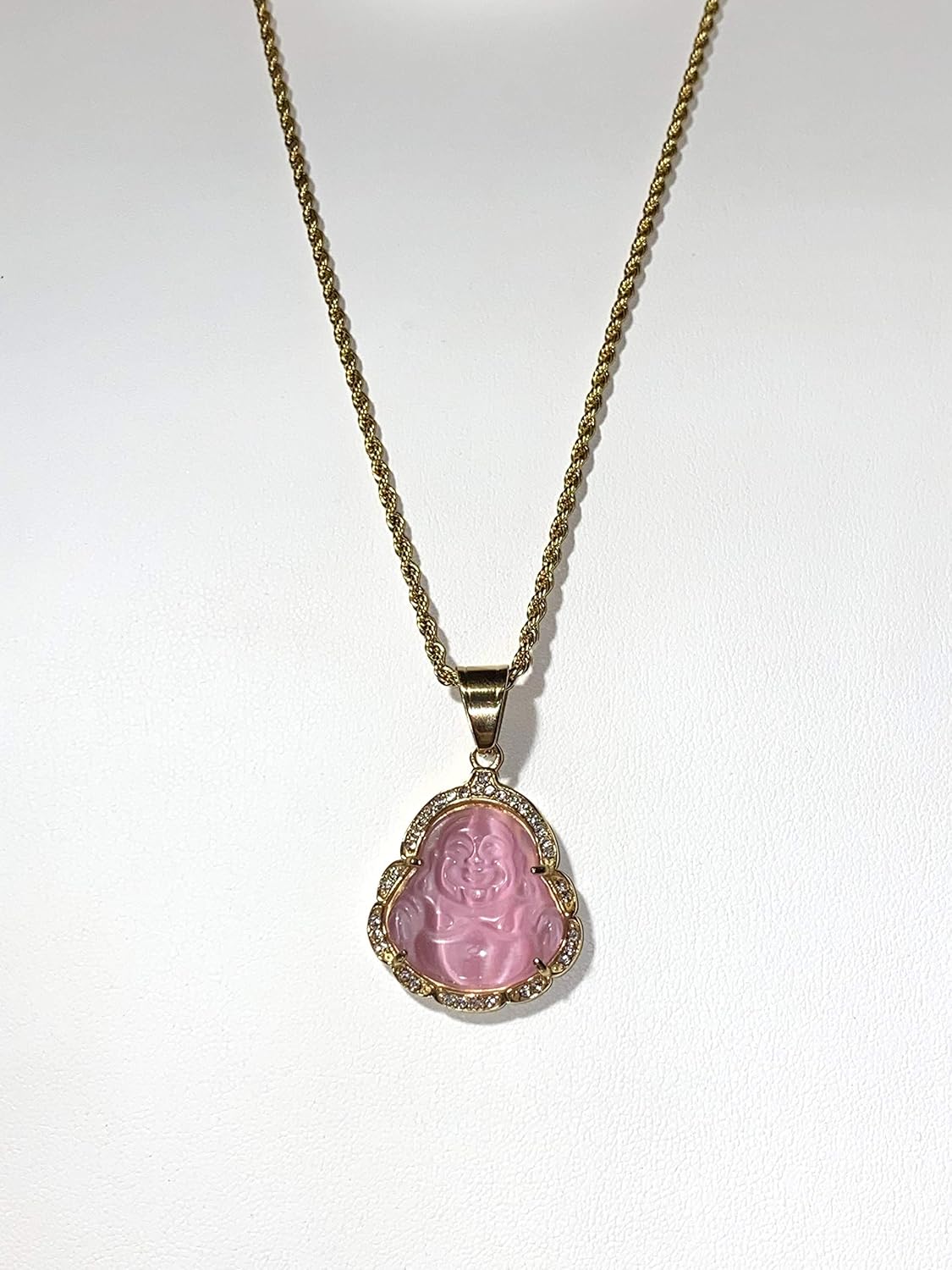 Laughing Buddha Pink Jade Pendant – Iced Diamond Necklace with Rope Chain, 14k Gold Plated, Certified Grade A Jadeite Spiritual Healing Jewelry