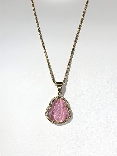 Miniatura 5 de Collar con colgante de diamante helado de jade rosa con diseño de buda risa y jadeita, hecho a mano, de jade de jadeita, color verde natural