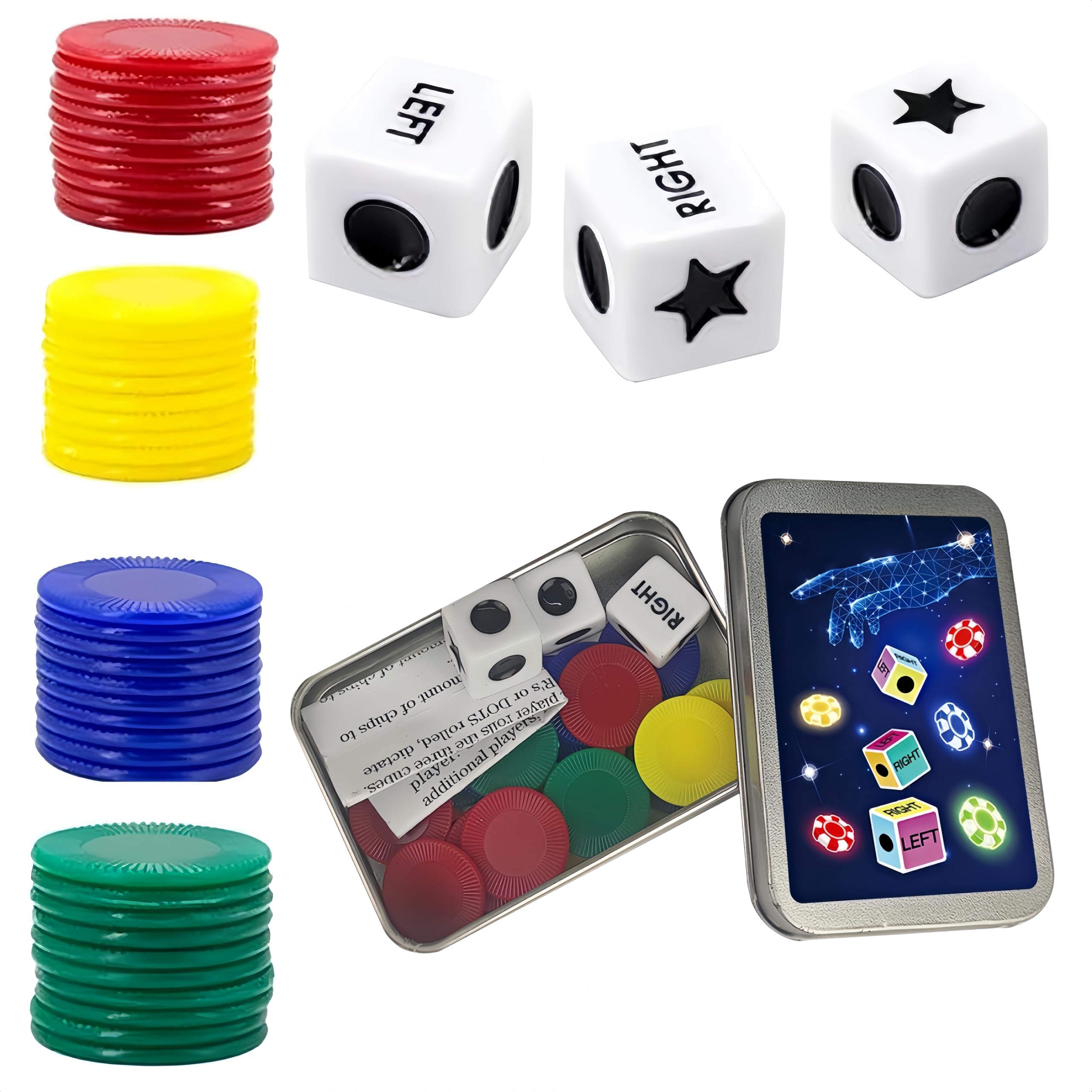 HONGLINSONG Left Right Centre Dice Game, Funny Dice Games with 3 Dices + 24 Colorful Chips