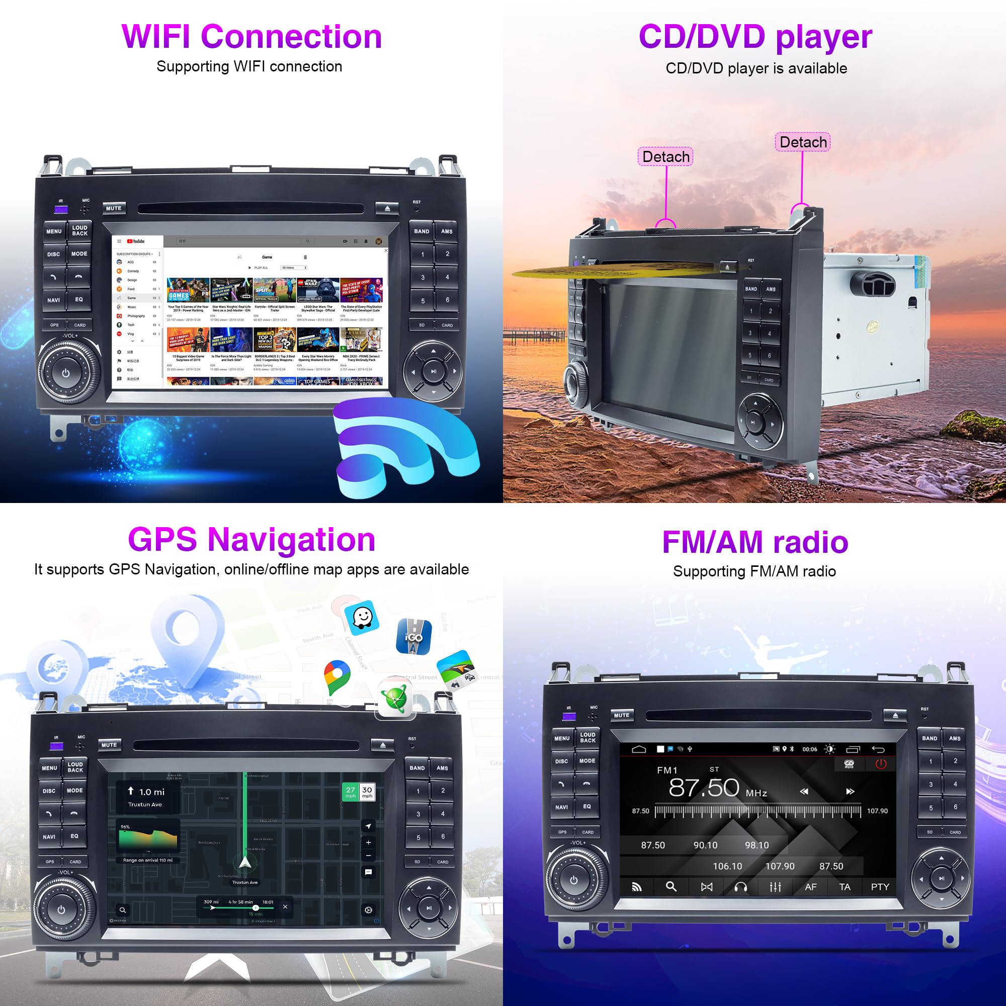 Android-Autoradio für Benz W169 W245 B16 B170 B180 B200 W639 Vito Viano W906 Sprinter Bildschirm Carplay Android Auto, GPS-Navigation [2 GB RAM + 16 GB ROM]