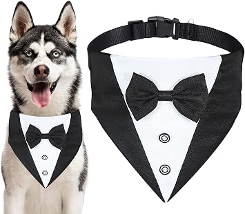 GOYOSWA Dog Tuxedo Collar with Bow Tie Dog Suit Wedding Bandana, Adjustable Formal Tux for Small Medium Large Dogs Pets L Neck 15-25