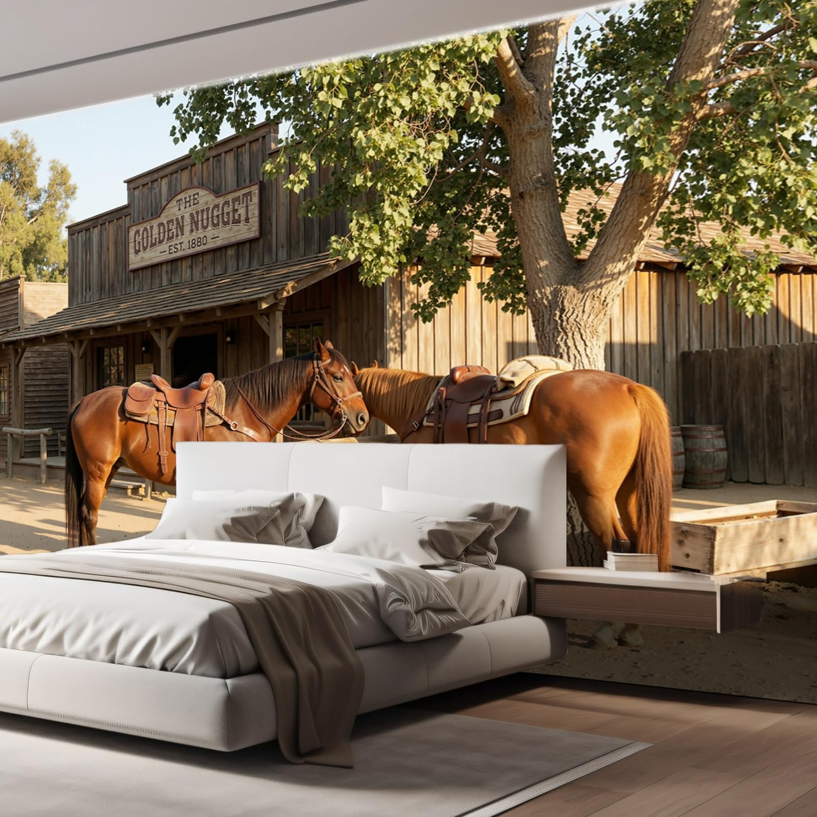 Papel tapiz fotográfico Taberna Del Oeste Murales de dormitorio para niños Fondo de Poste Para Atar Caballos Pared Pintado Papel tapiz dormitorio de estar sala sofá mural- 400 x 280cm