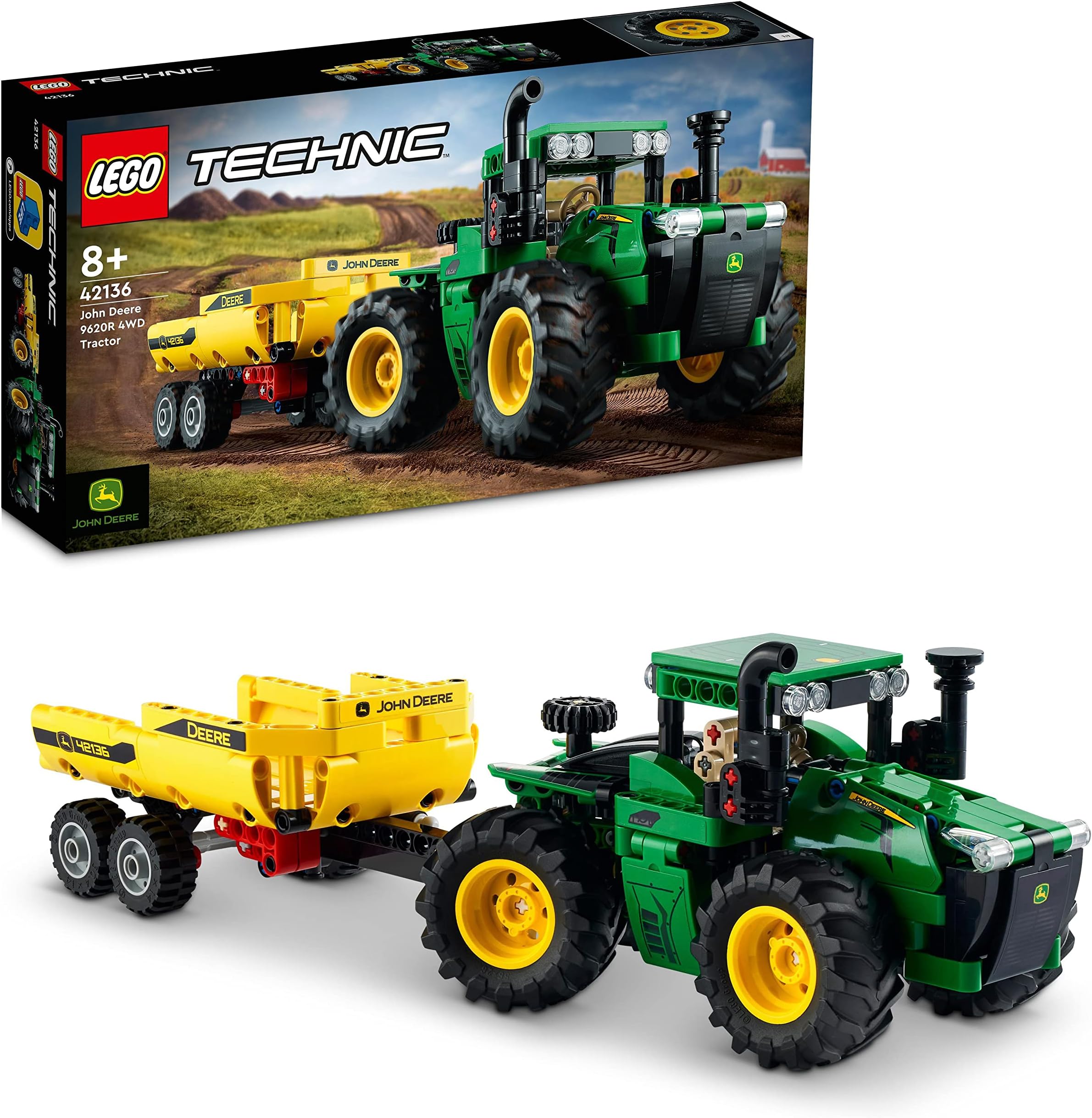 Technic John Deere 9620R 4WD Tractor Toy with Tipping Trailer, Classic Style Farm Toys for Kids, Boys & Girls 8 Plus Years Old, Collectible Model Building Set 42136
