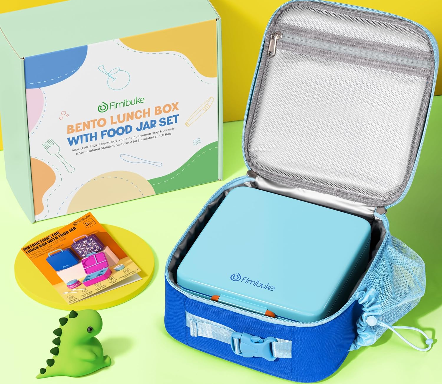 Fimibuke Kids Bento Lunch Box with Food Jar, Leakproof Toddler Bento Box with 8.5OZ Insulated Food Jar, Lunch Bag & Utensils BPA Free Dishwasher Safe 3 or 4 Compartment Container for School Girls Boys - Image 7