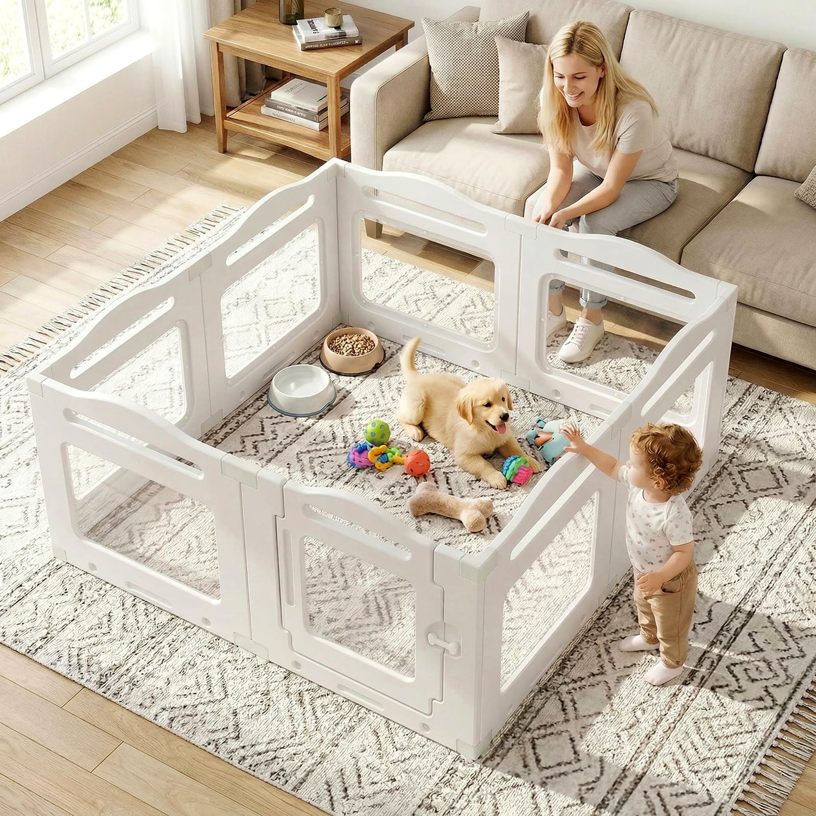 MAMIZO Recinto per Cani Acrilico 129 × 129 × 60 cm, Box per Cuccioli | Box per il Parto Cani con Porta a Chiusura e Ventose, 8 PCS Pannelli Parco per Cani adatto Appartamento, Bianco