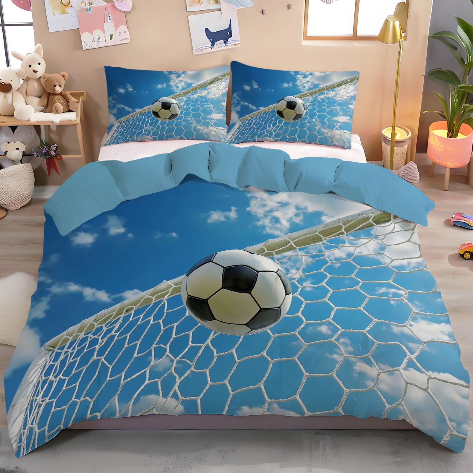 Housse de couette 200x200 football bleu ciel avec motif paysage 3D