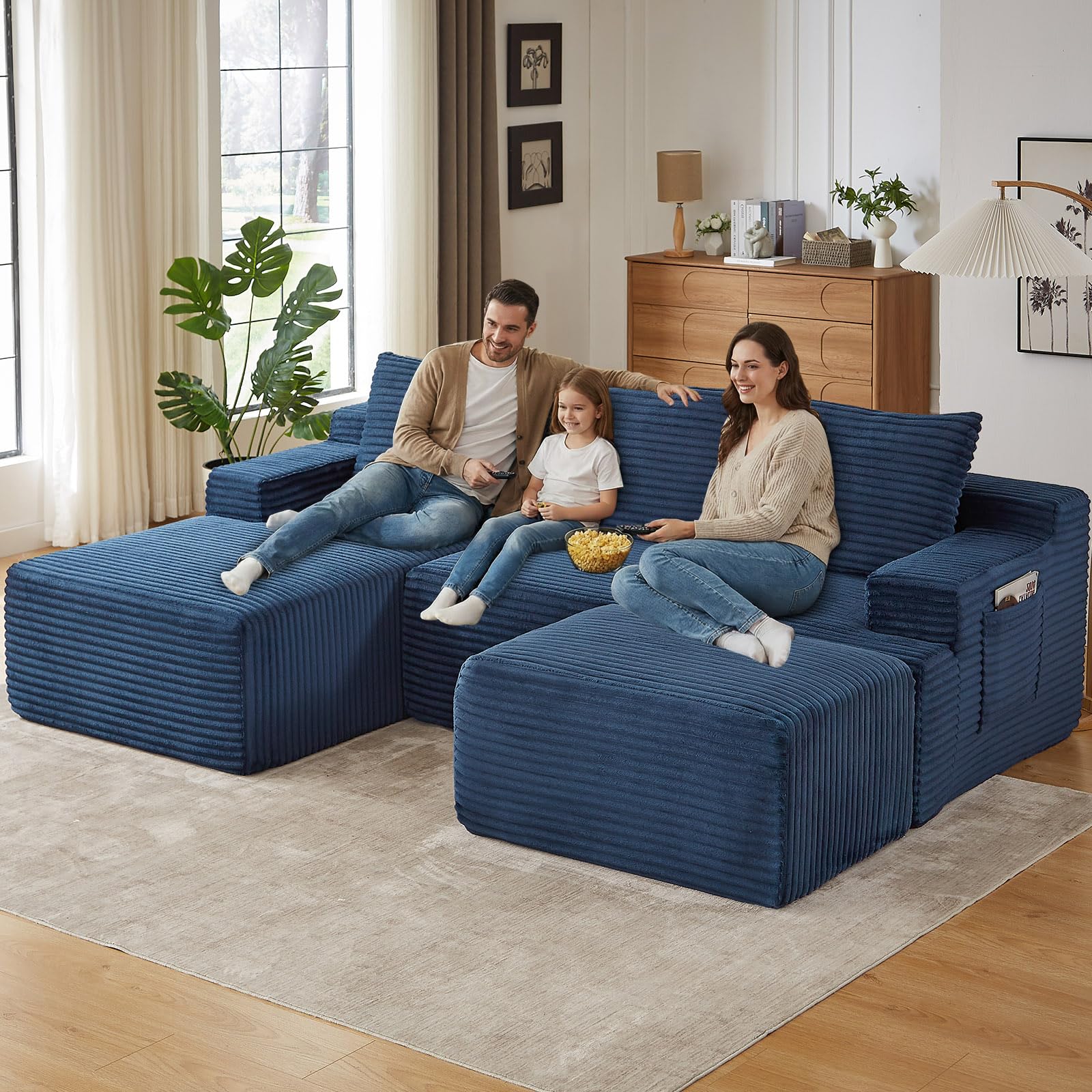 96" U-Shape Cloud Couch, Modern Modular Sectional L-Shape Sofa with Ottoman, Corduroy Upholstered Couches Deep Seat Sleeper Chaise Longue for Living Room, No Assembly Required(Blue, Left Facing)