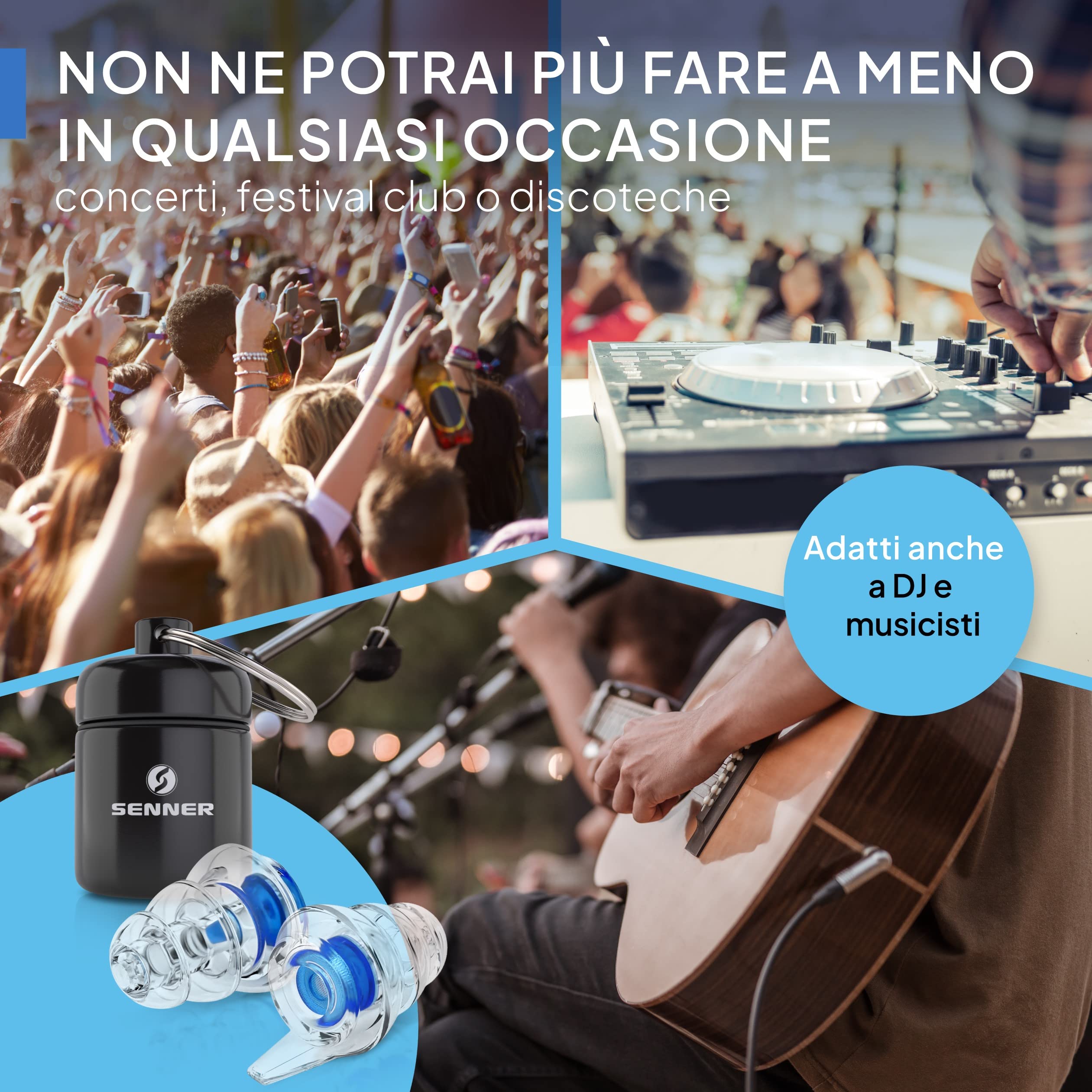 Senner MusicPro tappi per orecchie antirumore a protezione dell’udito con contenitore in alluminio. Ideali per musica, concerti, discoteca e festival (Ampia bottiglia nera Filtro blu)
