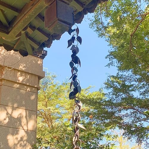 Miniatura 7 de Aifeorzo Cadena de lluvia de 8.5 pies, cadenas de lluvia para canalones, bajantes de cadena de lluvia de metal, círculo con hojas cadenas de canalón