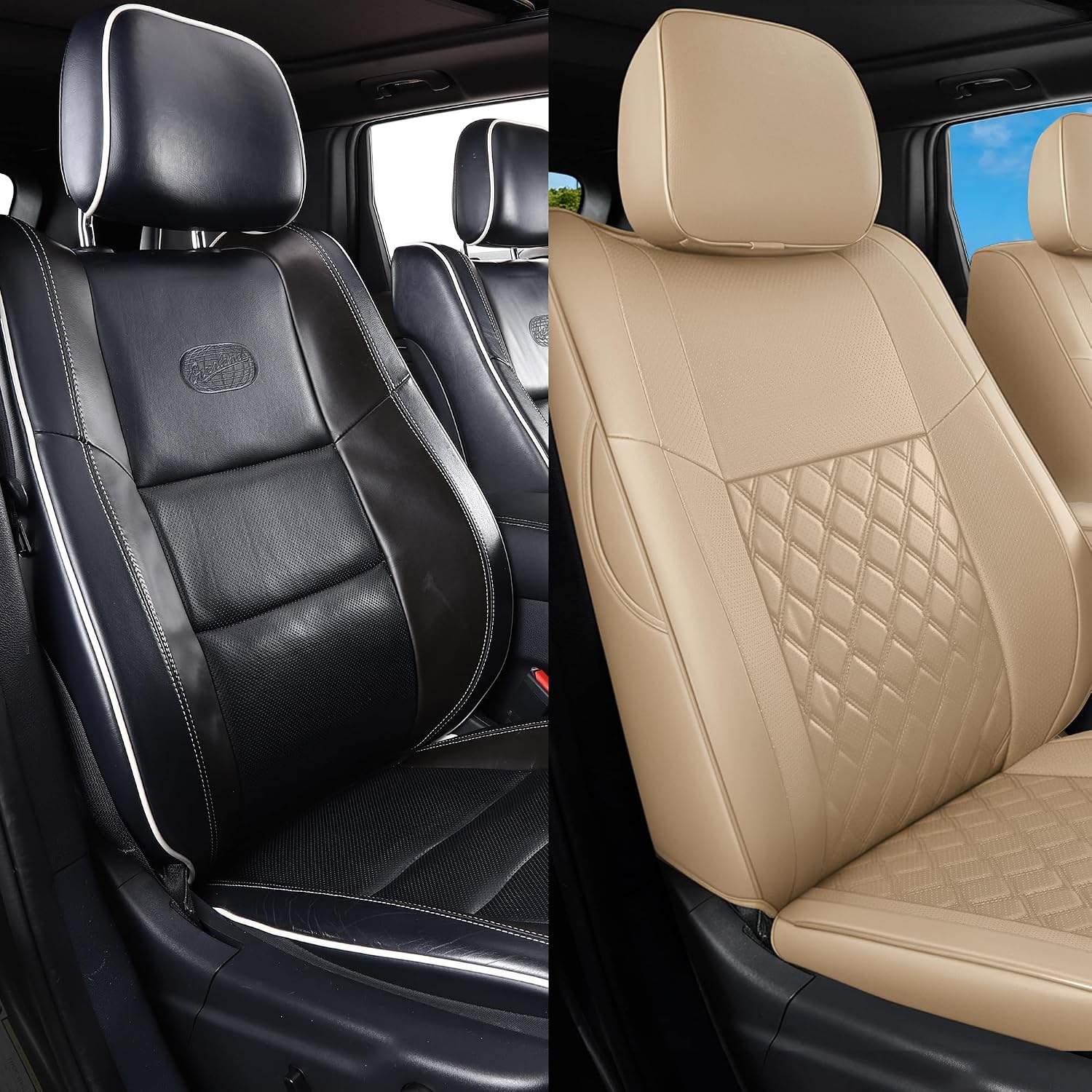 Huidasource Upgrade Grand Cherokee Seat Covers, Full Coverage Waterproof Leather Car Seat Covers, Custom Seat Cushion Protector Fit for Jeep Grand Cherokee 2011-2021 (Full Set/Beige)