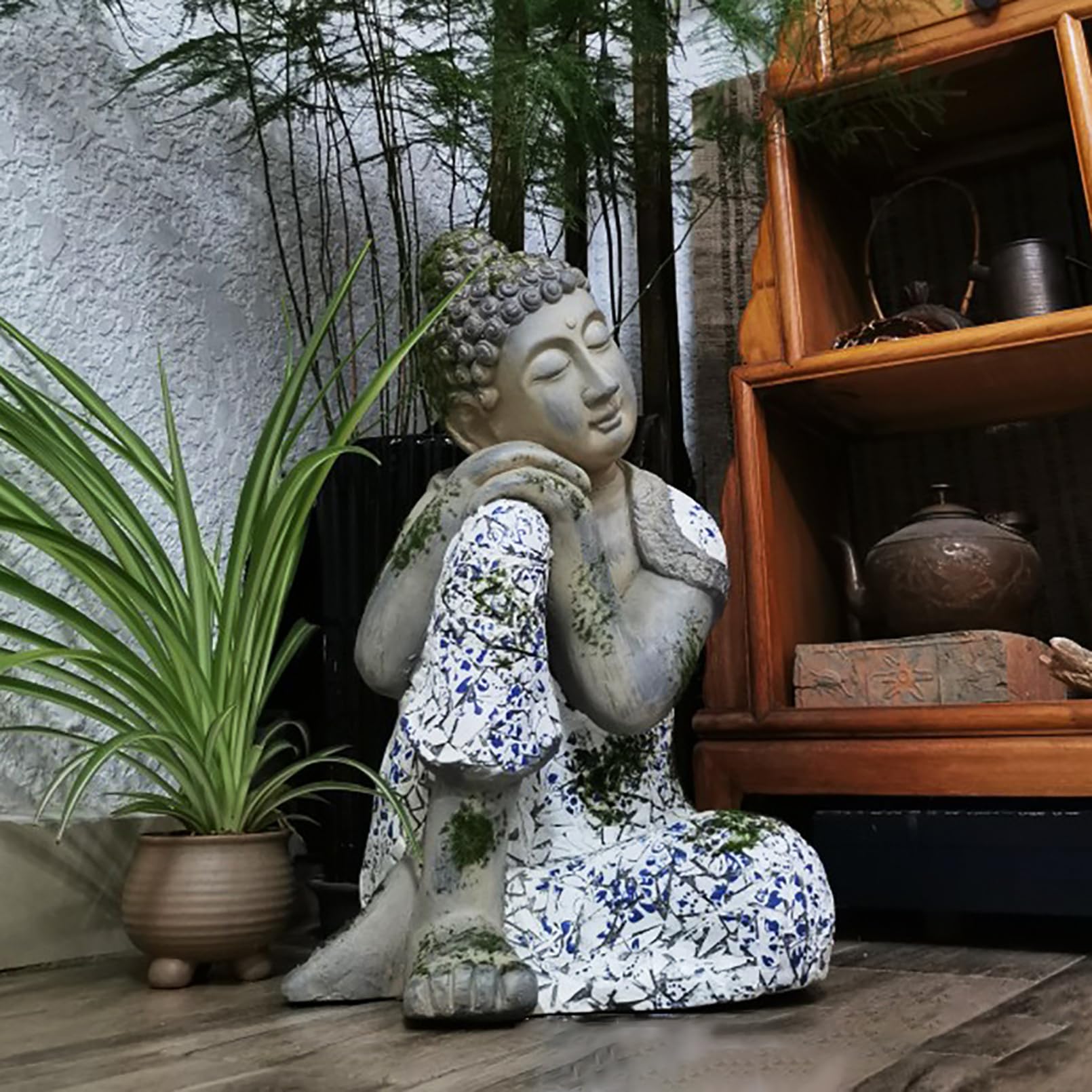 Buddha Figur groß 46 cm/4 kg Zen gartendeko für draußen wetterfest für Gartenliebhaber Geschenke,Magnesiumoxid,Grau