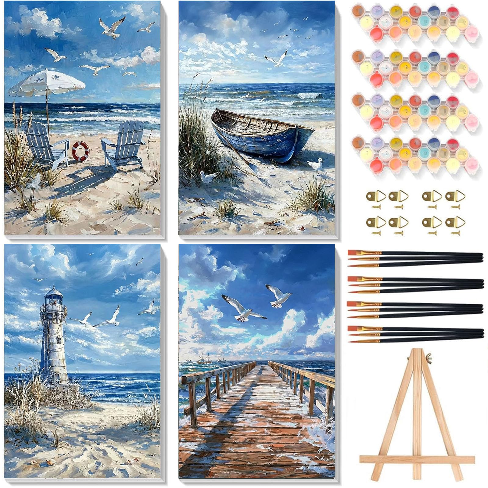 4 Pack Paint by Numbers for Adults with Framed Canvas & Wooden Easel, Beach Adult Painting by Number Kit on Canvas, DIY Coast Acrylic Oil Painting Kits with Brushes for Home Wall Decor 8x12 inch