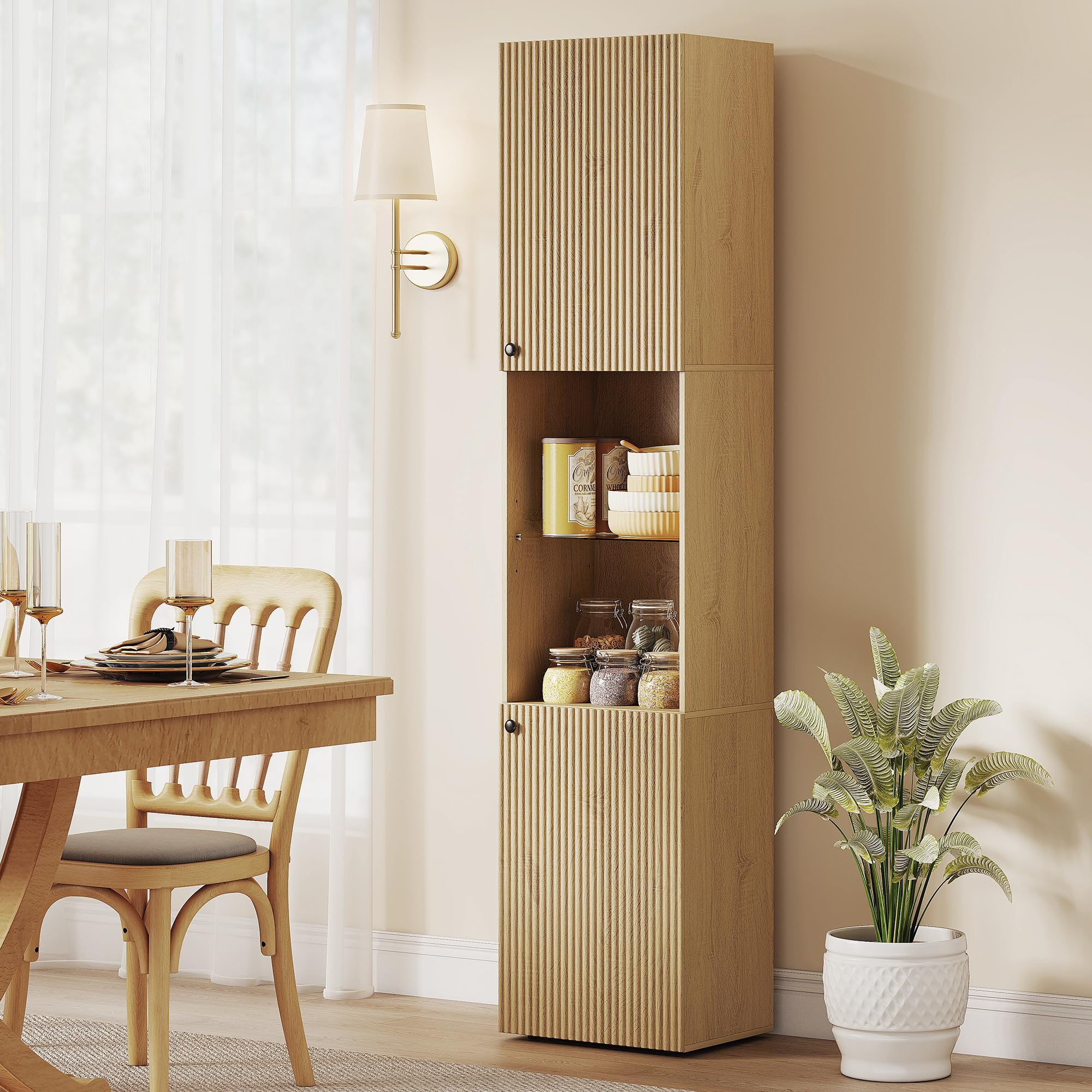 HOMCOM Meuble Colonne Salle de Bain, Meuble de Rangement étroit 6 Niveaux, 2 Portes, Compartiments Ouverts, étagère Verre trempé, étagères réglables, pour Toilette, Petits espaces, 40x31x182cm, chêne