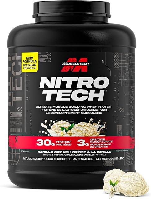 Muscletech Poudre de protéines de lactosérum - Formule ultime de construction musculaire de Nitro-Tech avec Isolation de protéines de lactosérum & Peptides - 30g des protéines, 3g de la créatine & 6.8g des BCAA - Crème de vanille, 5 Livre (paquet de 1)