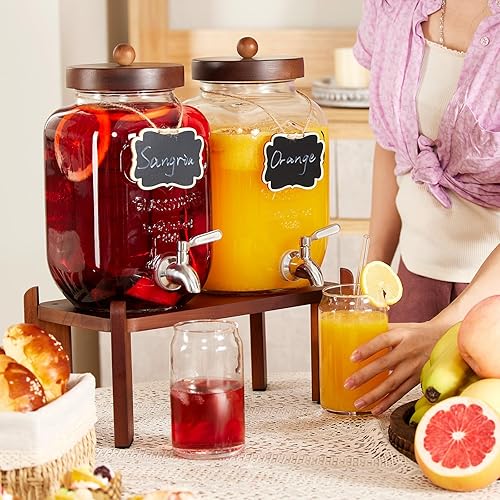 Miniatura 5 de Dispensador de bebidas de vidrio con soporte de madera, dispensador de bebidas de 1 galón para fiestas con espiga de acero inoxidable 188 a prueba