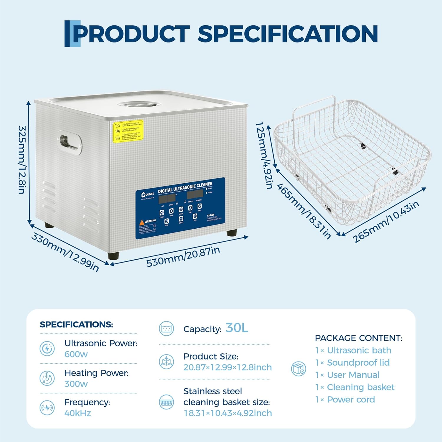 GarveeLife 30L Ultrasonic Cleaner, 40kHz Professional Ultrasonic Cleaning Machine with Digital Timer & Heater & Stainless Steel Basket for Labs/Jewelry/Dentures/Industrial Parts, FCC/CE/RoHS Certified