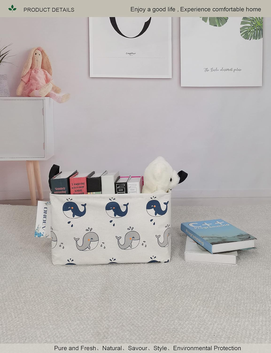 Rectangular Folding Laundry Basket,Canvas Basket,Nersury Hamper,Suitable for Children,Office,Bedroom,Clothes,Toys Storage (REC whale), 14.9’’L ×10.2’’W×9.05’’H inches