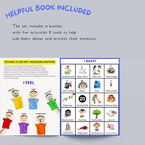 Miniatura 7 de Paquete de 6 títeres de mano con sensación para niños con 6 emociones, con brazos móviles, títeres de mano de felpa suave para niños pequeños,