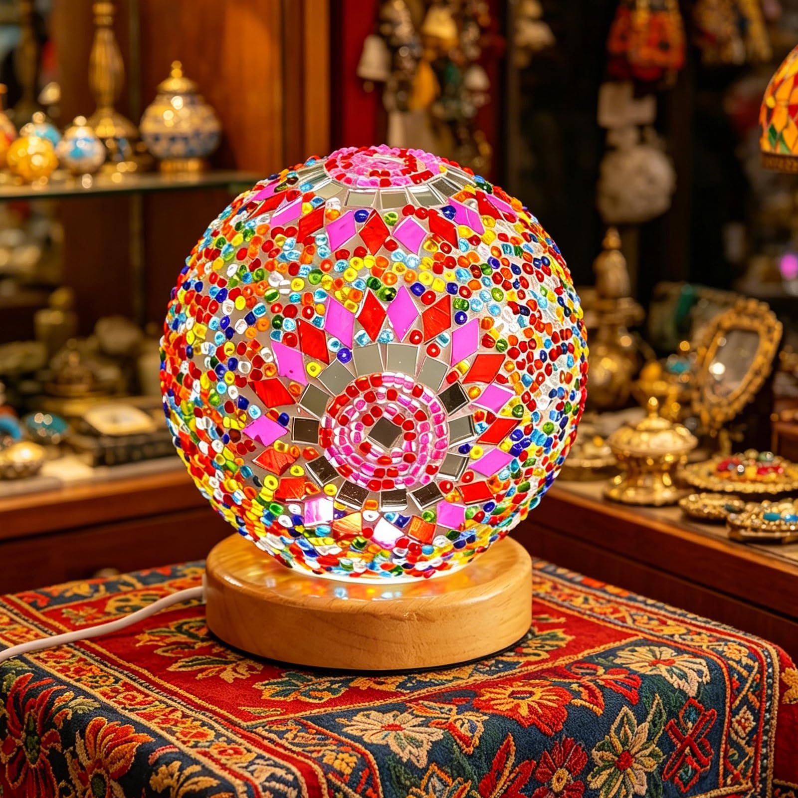 Boho Pink Mosaic Lamp Vintage Retro Stained Turkish Moroccan Bohemian Bedside Colorful Handmade Glass with Wood Base USB Power Decor Light for Kids Room Bedroom Living Room Farmhouse(Boho-Pink)