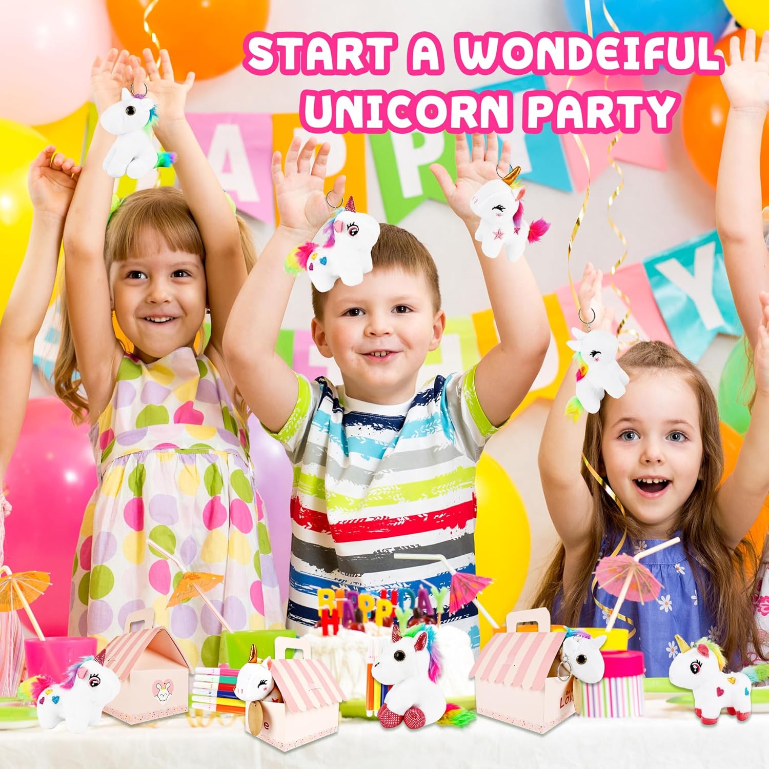 67 Pcs Unicorn Party favors Include 16 Mini Plush Unicorn Keychains 16 Foldable Boxes 16 DIY Cards 1 Hemp Rope 18 Coloured Watercolor Pens for Girls Adopt a Unicorns Party Favors Birthday Gifts