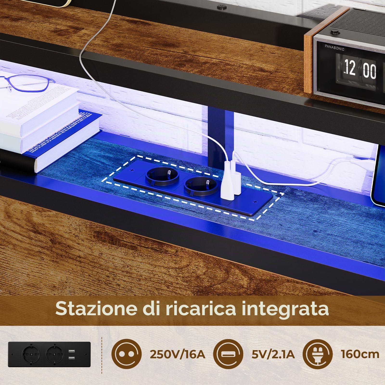DICTAC Letto 120 x 200 cm con illuminazione LED, telaio del letto con presa e funzione di ricarica USB, letto in metallo 120 x 200 cm con testiera in legno, struttura del letto con rete a doghe e