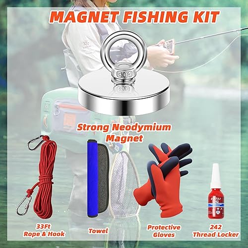 Miniatura 2 de Kit de pesca con imán, imanes grandes y fuertes de tierras raras de 300 libras, resistente con cuerda de 33 pies, imán de neodimio de alta potencia