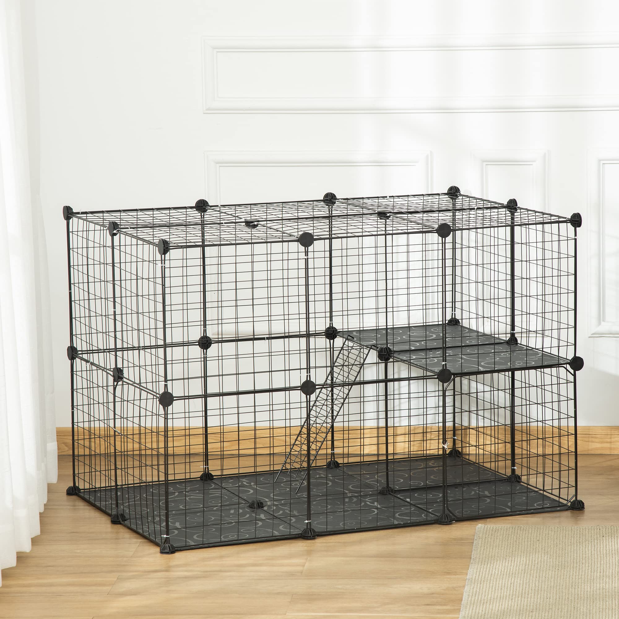 PawHut Enclos pour Petits Animaux, Cage à Lapin modulable 3 Niveaux, 39 Panneaux avec 2 rampes, Parc clôture pour Animaux domestiques intérieur pour Lapin, Chaton, Chinchilla, Furet, en métal, Noir