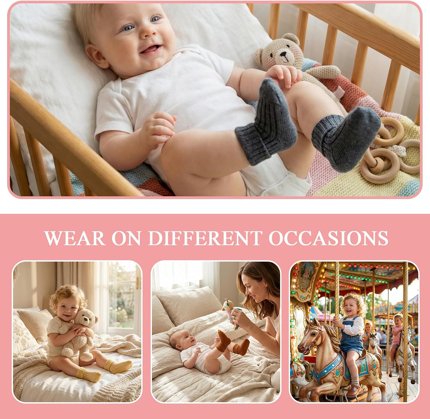 6 Pairs Baby Wool Socks Soft Winter Warm Thick Toddler Boys Girls Turn Cuff Thermal Crew Socks for Infant Little Kids