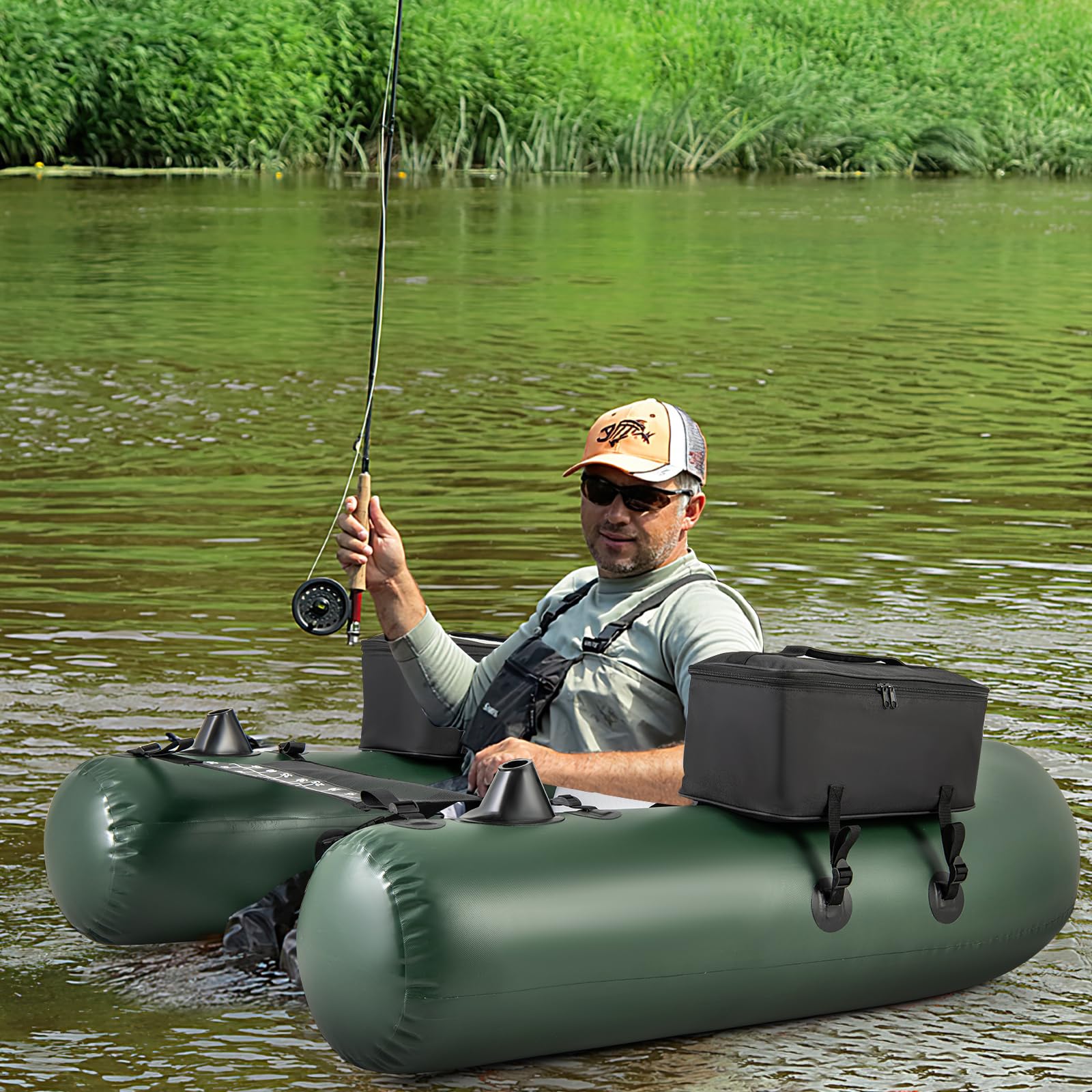 COSTWAY Belly Boat da Pesca, Gommone Gonfiabile da Pesca con 2 Porta Canne, Pompa, Borsa di Trasporto e Kit di Riparazione, Barca da Mare con Compatibile con Motore Fuoribordo, capacità 100kg