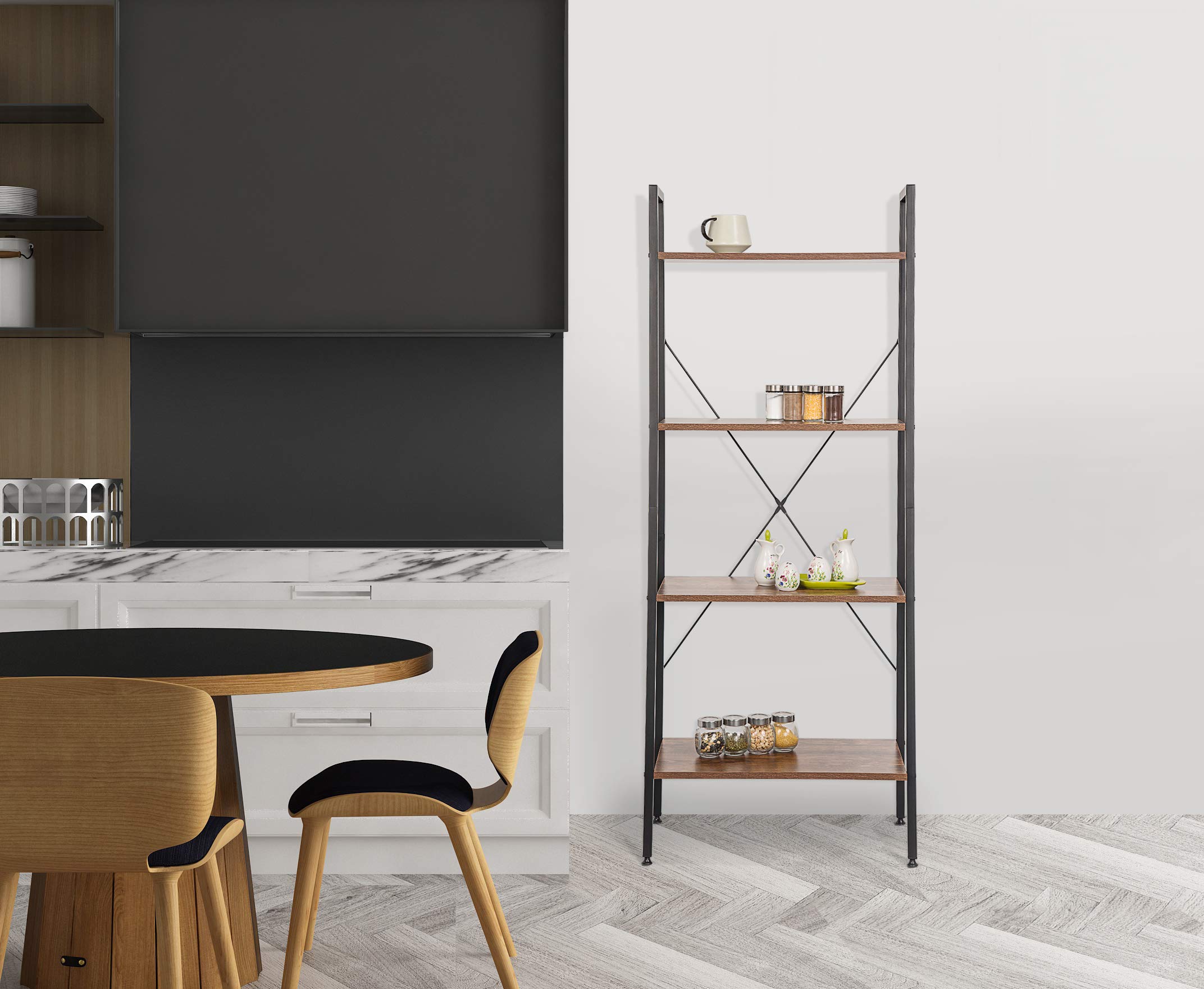 eSituro Estante para Piso Estantería Librería Estante de Cocina Estante de Almacenamiento de Organizador Multifuncional para Libros Plantas con 4 Estantes Metal + MDF 60x35x148CM SSTR0053