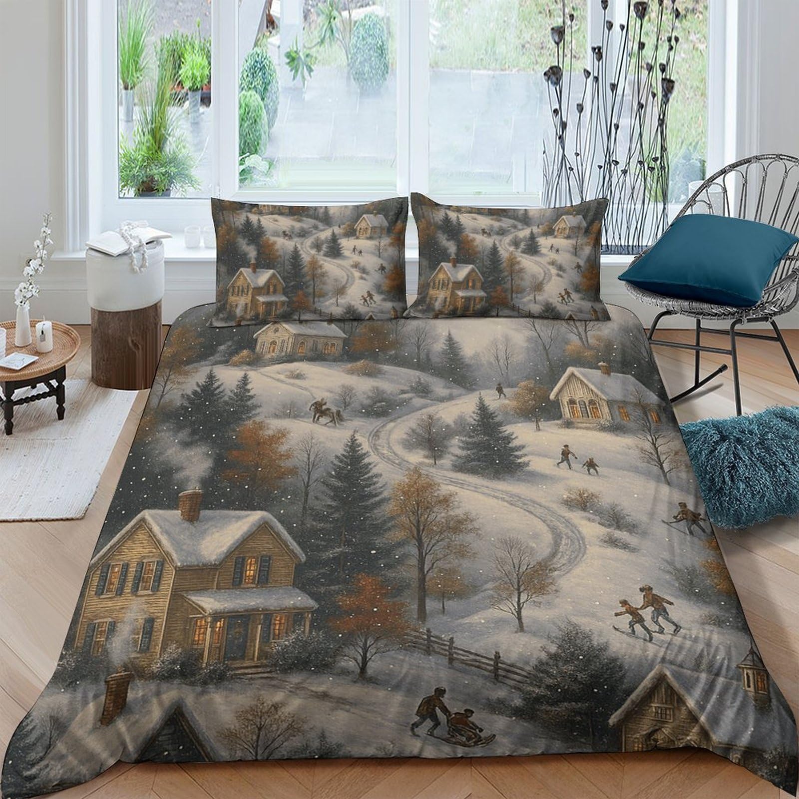 Ctjqhvkz Style-1 3D Printed Winter Village Fitted Sheet Microfiber Soft Breathable Snowy Landscape Bed Cover For Bedroom Decor Single（135X200cm）