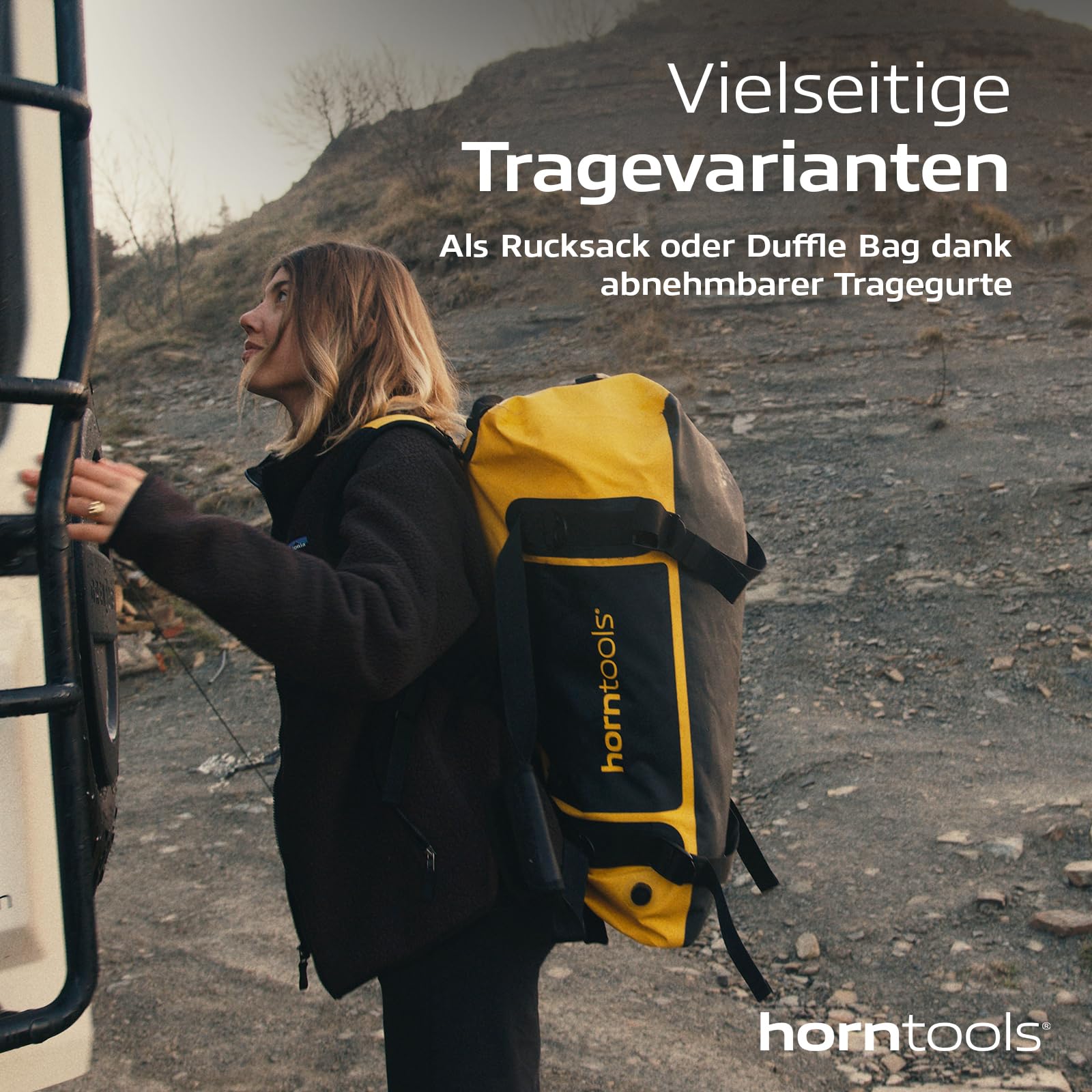 horntools Expedition Tasche - 90l - 100% Wasserdicht - Abnehmbare Tragegurte - Tragbar als Duffle Bag oder Rucksack - Reisetasche, Sporttasche, Motorradtasche - Gelb