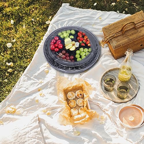 Miniatura 7 de 12 bandejas de plástico para servir aperitivos con tapa, bandeja redonda de 12.5 pulgadas con tapa, bandeja desechable para servir frutas y verduras