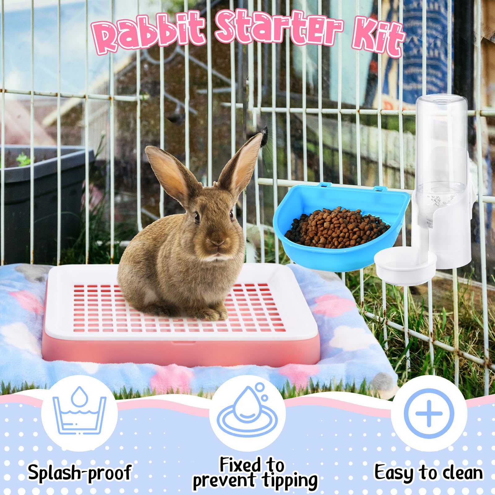19 Pcs Rabbit Starter Kit Small Bunny Litter Box Rabbit Grooming Kit Water Bottle Bunny Toys Hay Feeder Bowl Blankets with Cleaning Set for Guinea Pig Accessories (Pink-White,Strawberry Bear) - image 5