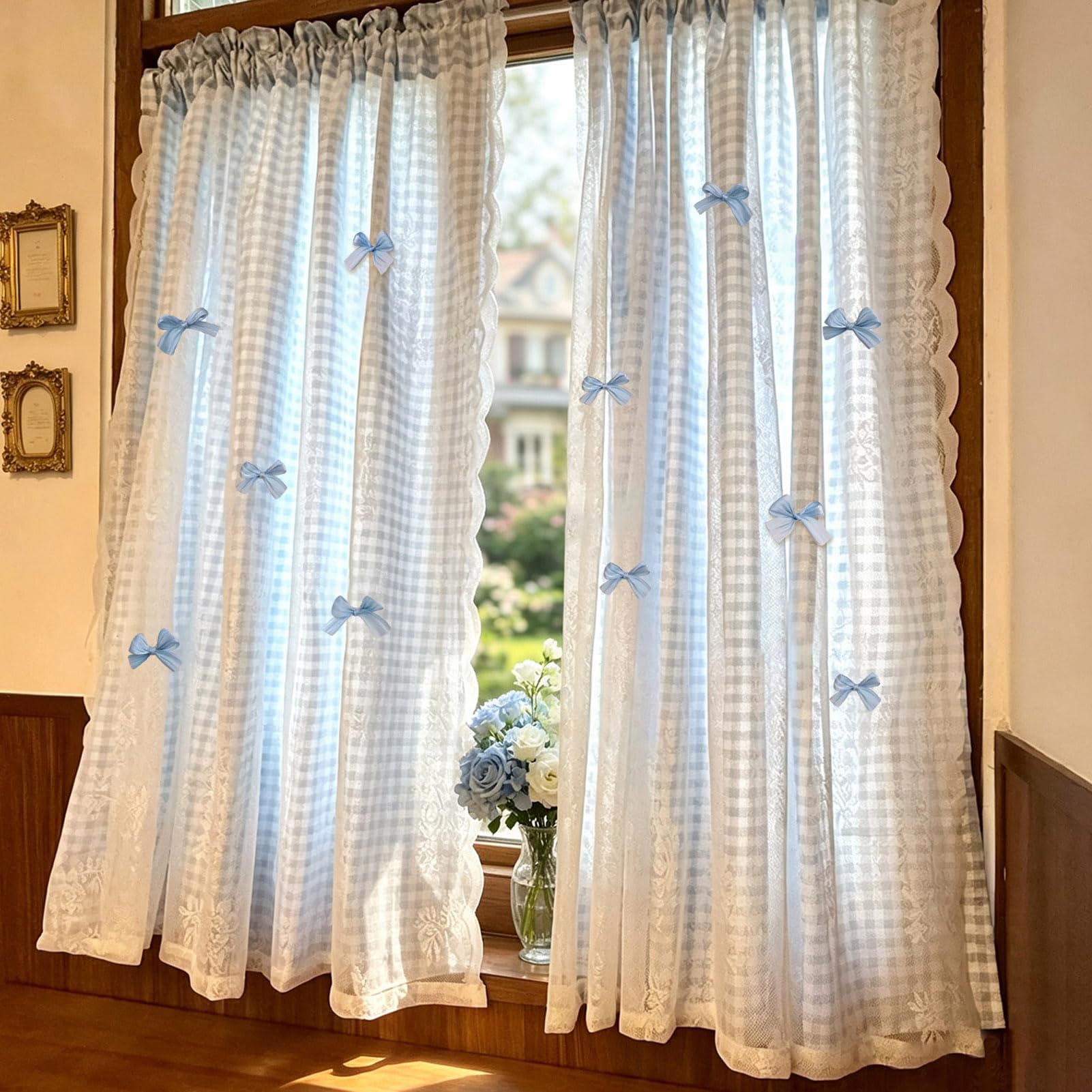 ZZYK Blue Checkered Double Layer Valances Curtain Washed Lace Kitchen Small Curtains Privacy Valance for Living Room Cafe Laundry Basement,Paste,27" W x 79" L