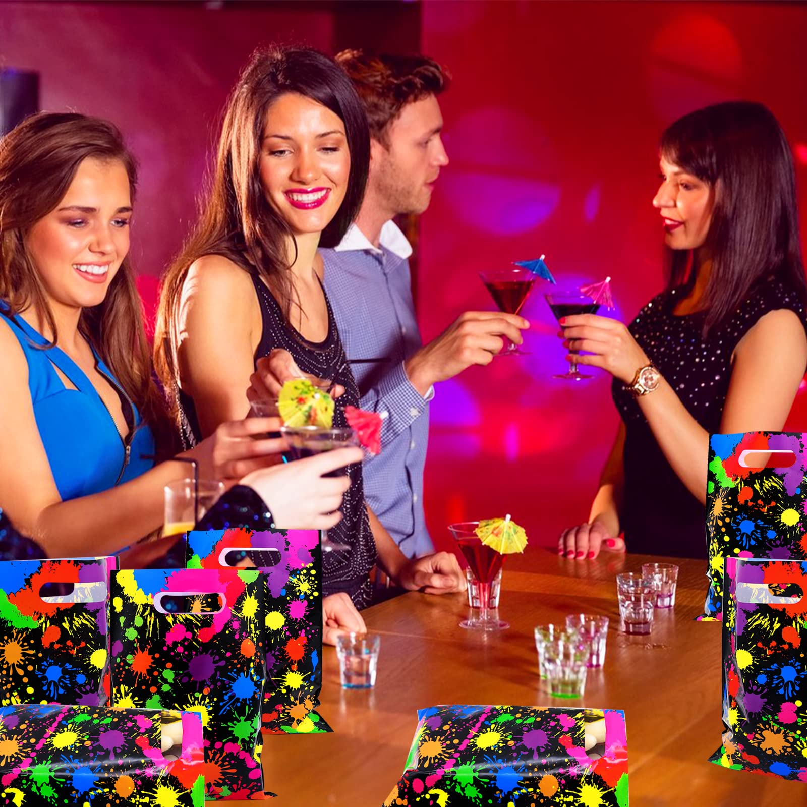 Lot De 50 Sacs De Fête Fluo Phosphorescents Omlisca - 17x24,9 Cm Avec Poignées, Décoration Années 80/90