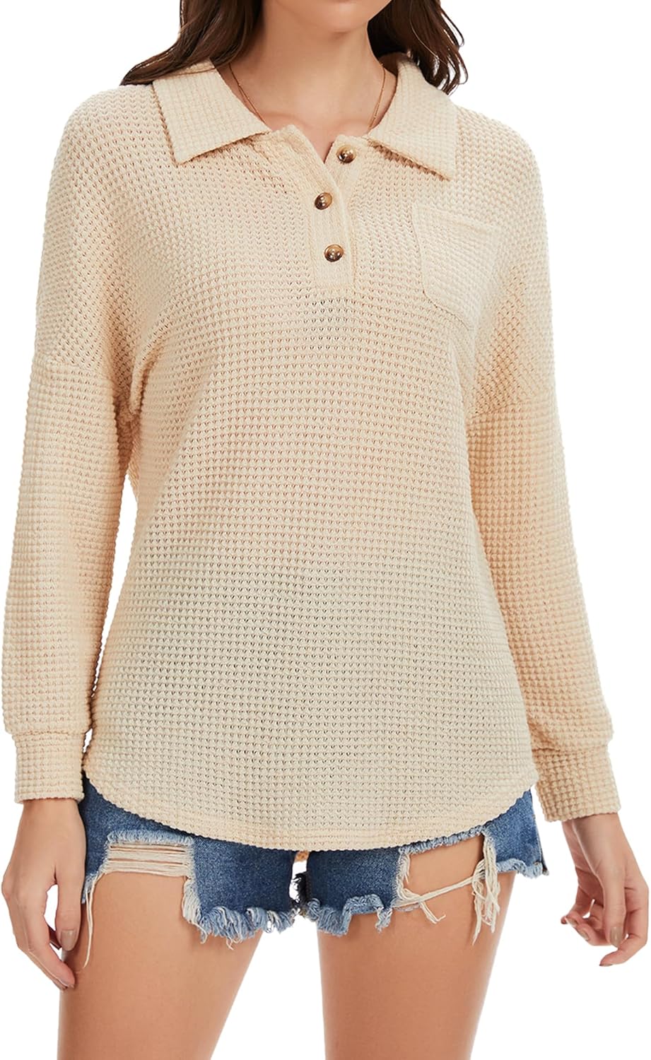 Womens Tops Waffle Knit V-Neck Long Sleeve T-shirts Button Down with Pockets Tunic Fashion Clothing - Image 4