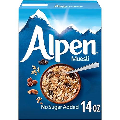 Alpen Muesli No Sugar Added Cereal, Heart Healthy Cereal with Wheat Flakes, Rolled Oats, Nuts and Raisins, Non-GMO Project Verified, 14 OZ Box (Pack of 1)
