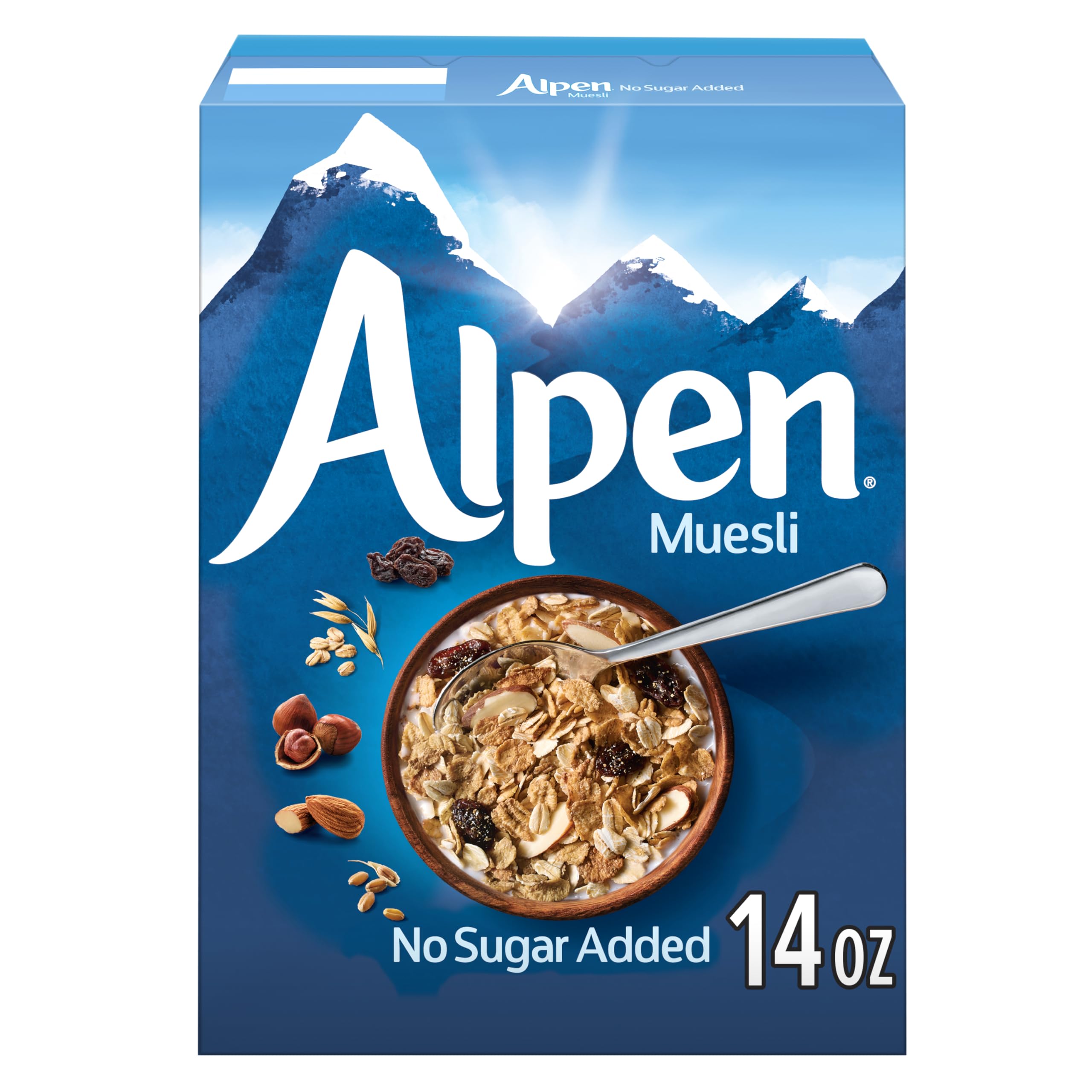 Alpen Muesli No Sugar Added Cereal, Heart Healthy Cereal with Wheat Flakes, Rolled Oats, Nuts and Raisins, Non-GMO Project Verified, 14 OZ Box (Pack of 1)