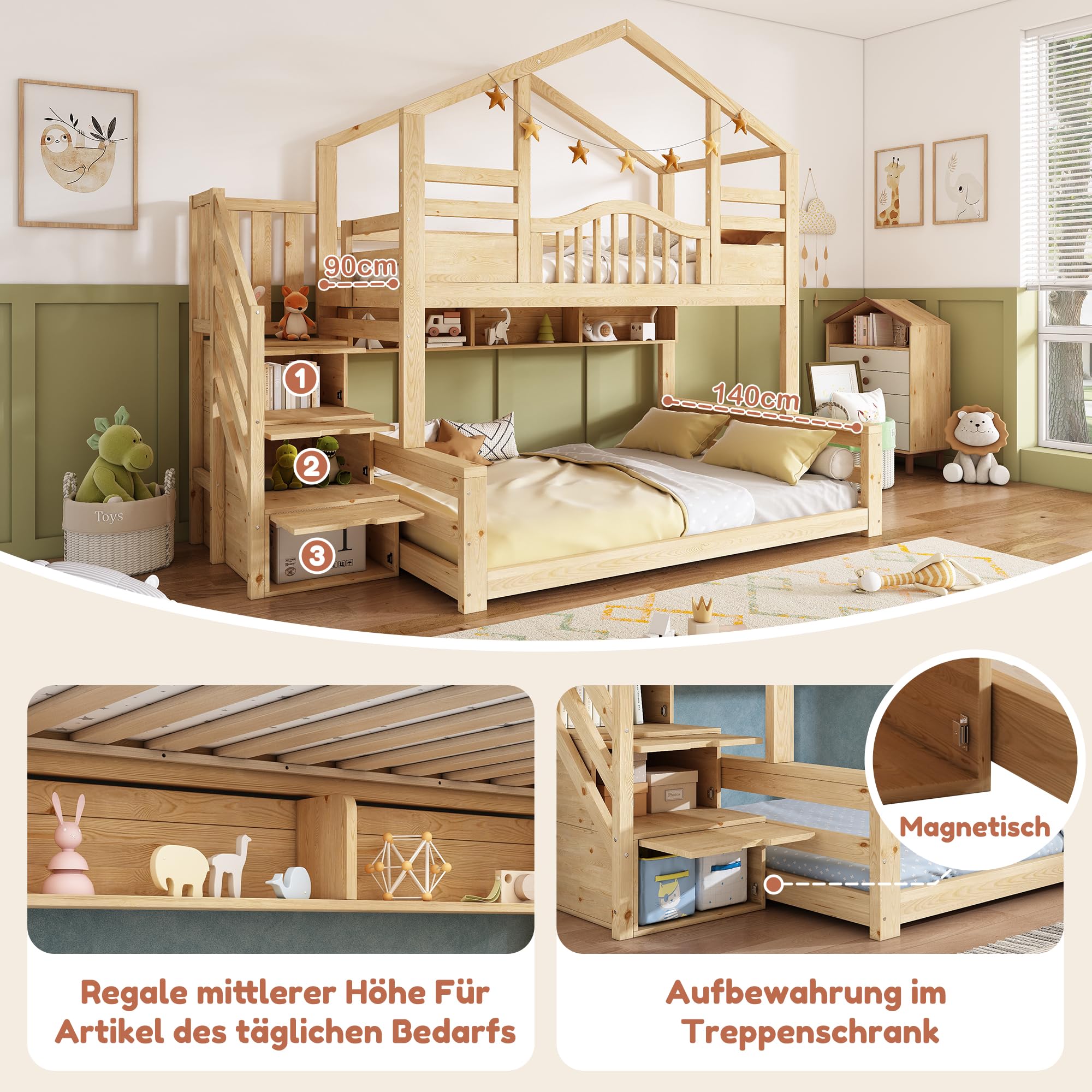 Lit Superposé en Bois pour Enfants 90x200 Et 140x200 Cm avec Rangements Hydrauliques, Escalier-BibliothèQue BarrièRes De SéCurité Et Port USB-C, Lit Familial DéCalé (Naturel, 254x145x206cm)