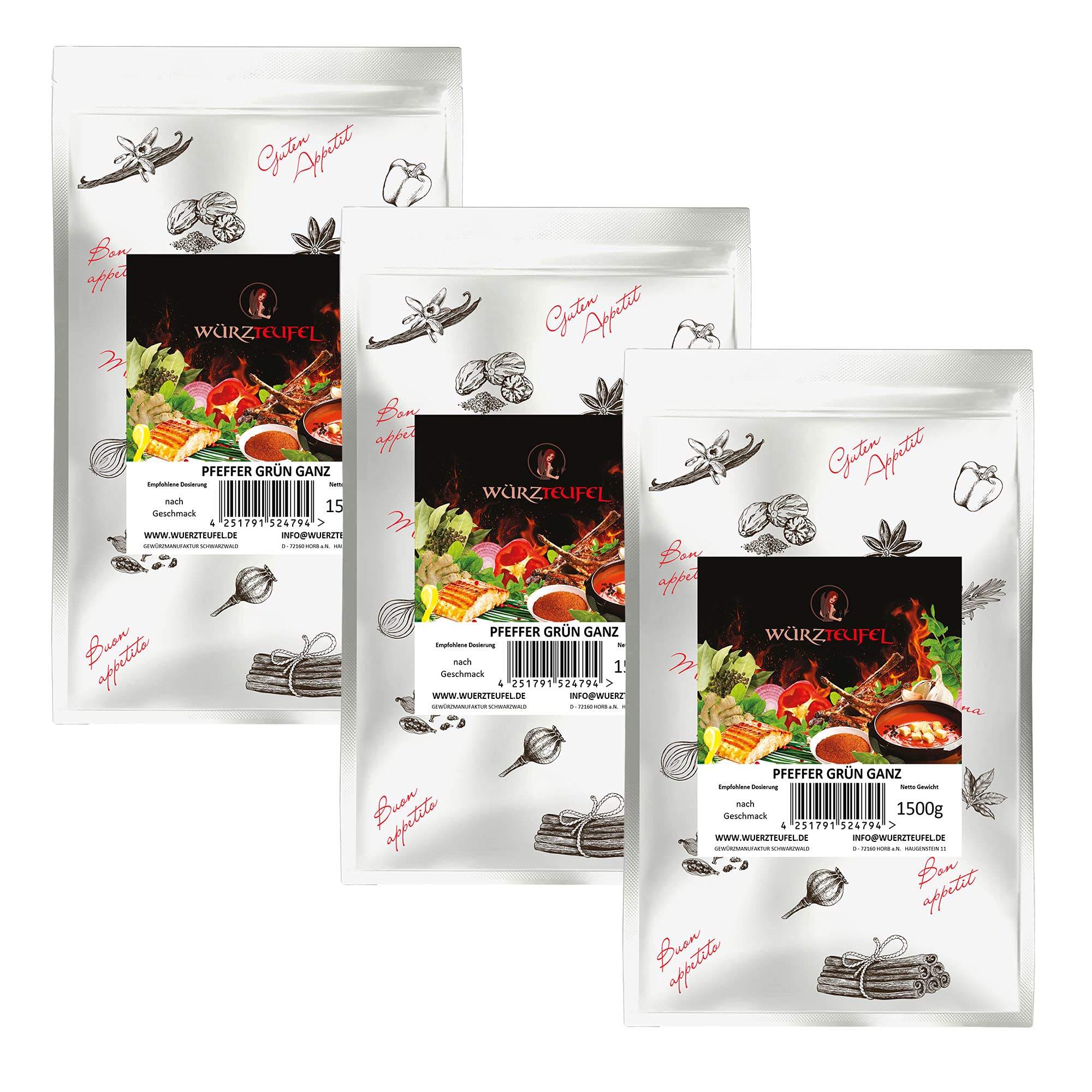 Pfeffer grün, ganzes Korn. Grüner Pfeffer ganz aus Indien, Handverlesene Premiumqualität, Keimreduziert. 3 Beutel je 1500g (4,5KG)