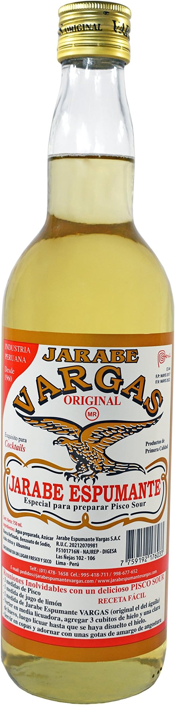 Gomme Syrup Jarabe de Goma Imported from Peru 750 ml. Authentic Peruvian Sugar Syrup for Cocktails, Pisco Sour, Coffee, Whisky Sour, Bar Essentials, Cocktail Mixer