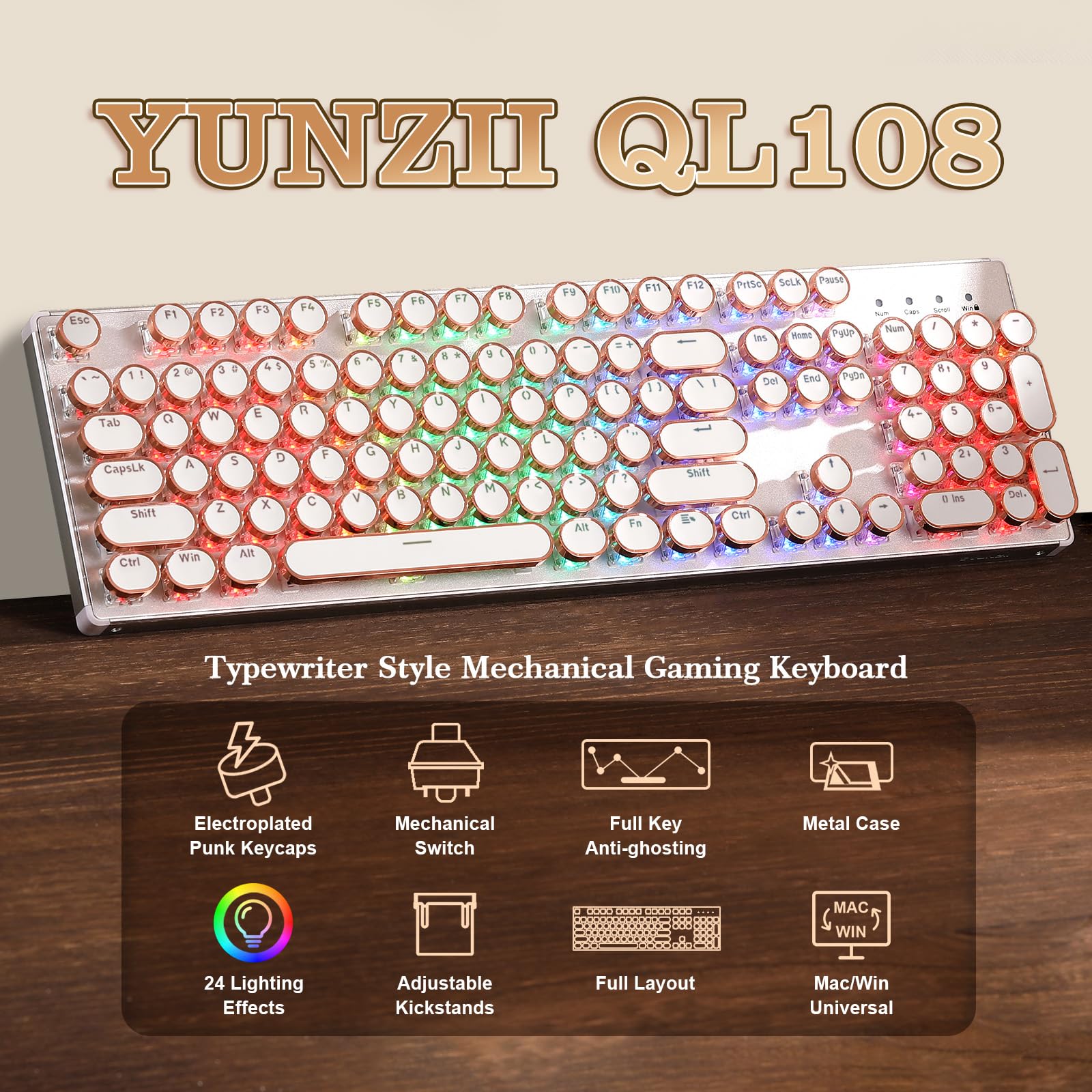 YUNZII QL108 Mechaniczna Klawiatura Gamingowa w Stylu Maszyny do Pisania, Hot Swappable Podświetlane RGB Klawiatury, Przewodowa Klawiatura Komputerowa USB (Srebrne, Onyx Gray Tactile Switch)
