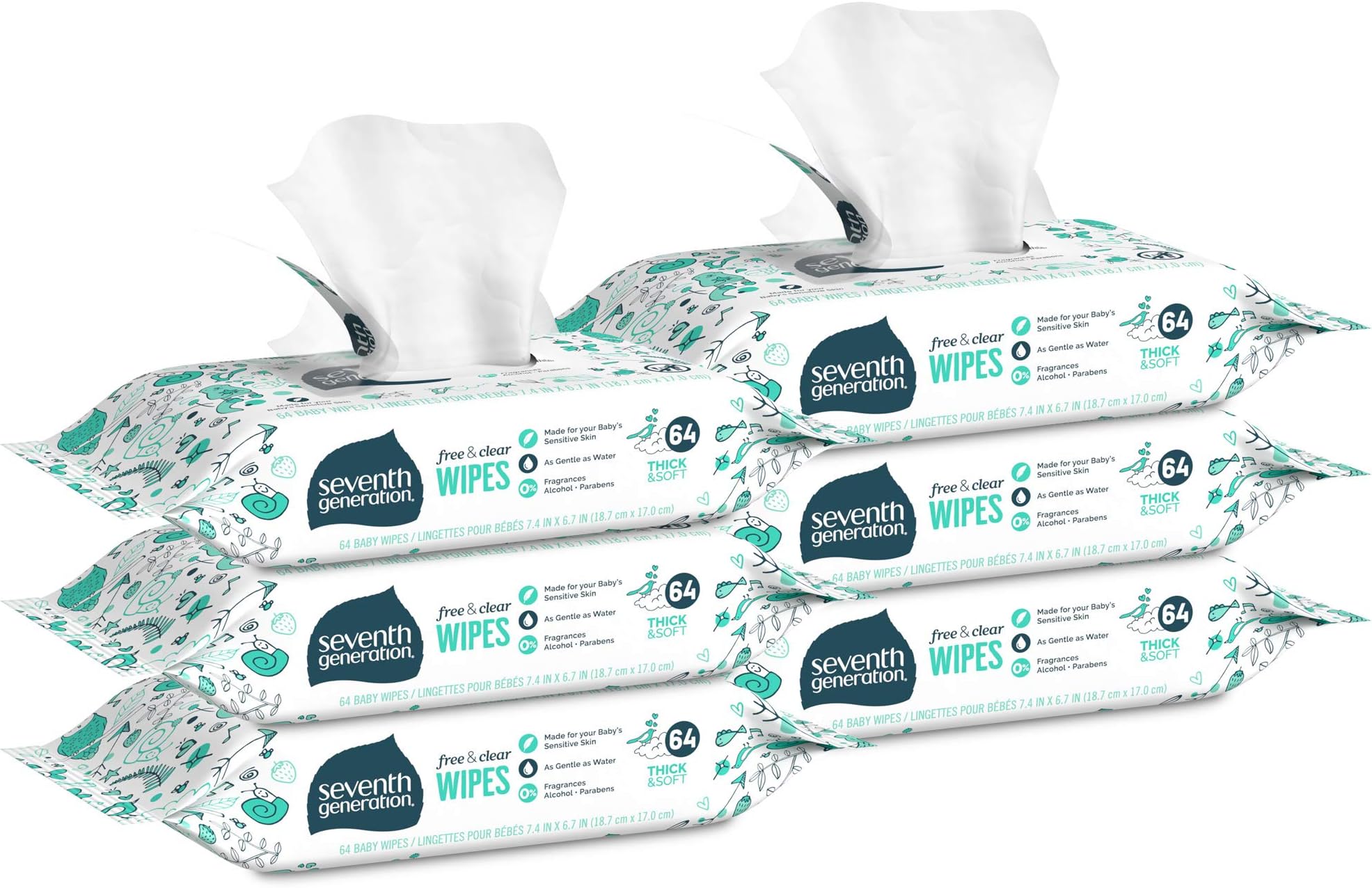 Seventh Generation Free & Clear Baby Wipes with easy open top, 64 count packs (pack
