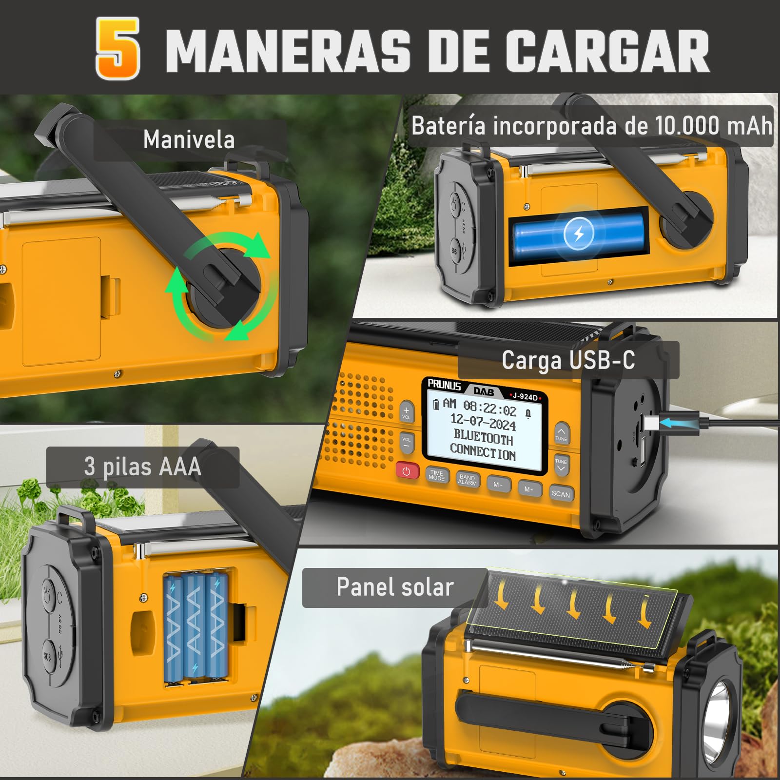 PRUNUS J-924 Dab/UKW Radio Digital con Función de Preselección, Radio Portatil Pequeña Recargable con Banco de Energía de 10000 mAh, Radio Solar y a Pilas, con Manivela,Linterna,SOS. (Amarillo)