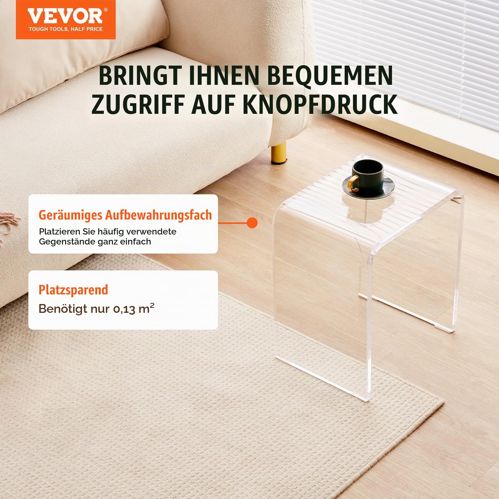 VEVOR Acryl-Beistelltisch 415 x 305 x 460 mm, U-förmiger Acryltisch Beistelltisch, Transparenter Couchtisch für Getränke, Essen, Snacks, Verwendet im Wohnzimmer, Schlafzimmer, Arbeitszimmer usw.