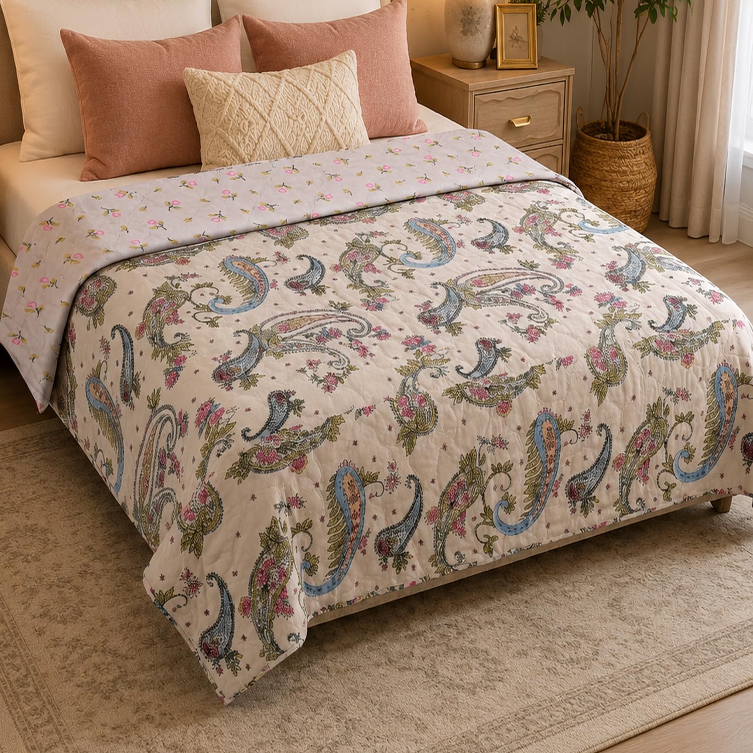 benavji 220 gsm 100% cotton microfibre reversible comforter ac blanket for summer/winter/quilt soft breathable floral print duvet double bed size 230x250 cm