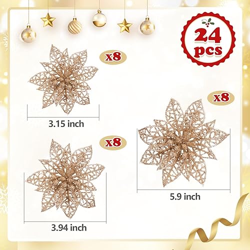 Miniatura 3 de Naler 24 Pieces Christmas Glitter Poinsettia Flowers Artificial Xmas Flowers for Christmas Tree Wreaths Wedding Ornaments, Gold, 346 Inch